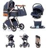 Kakbgee Passeggino 3 in 1 con Seggiolino Auto, Carrozzina Piegevole, 7-Altezza Regolabile, Sospensione 4 Ruote, Copripioggia e Zanzariera, Baby Stroller per Neonati 0-3 Anni (15kg), Blu