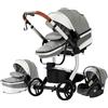 Magic ZC Pelle PU Passeggino Trio, Passeggino 3 in 1 con Spinta Reversibile a Due Vie, Trio Passeggini Neonati con Accessori, Carrozzina per Neonati con Design Portatile Pieghevole Un Clic (518 Grey)