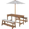 roba Set di sedute per Bambini Picnic +1 Tavolo, 2 Panche, ombrellone e Cuscini - per Esterno e Giardino - Resistente alle Intemperie - Motivo con Stelline - Legno Naturale