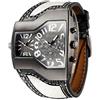Haonb Orologio Uomo Moda Grande Quadrante Doppio Movimento Orologio Al Quarzo Stile Punk Pu Cinturino