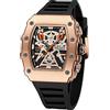 FORSINING Orologio da uomo, alla moda, con scheletro, a forma di tonneau, analogico, al quarzo, casual, in silicone, militare, impermeabile, Nero , Cinturino
