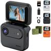Qosneoun Action Camera Multifunzionale Flip Screen 4K Action Camera con Flip Screen per Vlogging, 143° Grandangolare POV Camera con Anti-Shake, WiFi & Batteria 800mAh, Mini Sport Cam (nero)