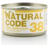 Generico Natural Code Umido Gatto Adult gusto TONNO, MANZO e OLIVE, Numero 38, alimento completo in SFILACCETTI per gatti adulti di tutte le taglie, altamente digeribile | 12 scatolette da 85 grammi l'una.