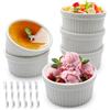 ZSMJAER 6 Bowl in Ceramica Bianca e 6 Forchette, da 185ml, Cocotte in Porcellana, Pirottini da Forno o per Snack, Cocotte per Crème Brulee, Ideali per Soufflé, Tortino al Cioccolato, Budini ecc..