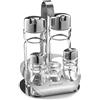Forgast Set per Spezie 5 Elementi con Stand, Saliera, Pepiera, Dispenser per Olio e Aceto, Porta Stuzzicadenti, in Acciaio Inox, Transparente, Facile da Pulire, Lavabile in Lavastoviglie