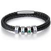 Grovjewfit Bracciale Uomo Personalizzato in Pelle con Pietre di Nascita e Incisione Nome Pelle Intrecciata Nera Acciaio Inossidabile Regalo per Papà Marito Fidanzato (4 stone)