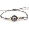 PERORNO Bracciale con perla di Tahiti, oro 18 carati, cordino regolabile grigio, fatto a mano, Mediano, Oro 18 K, Perla di Tahiti
