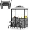 HOMASIS Gazebo per Barbecue con Banco da Bar e 2 Sgabelli, Gazebo Esterno Resistente con Doppio Tetto, Pergolato Resistente alla Pioggia e al Fuoco (Grigio, 194 x 121 x 242 cm)