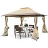 HOMASIS Gazebo Pieghevole con Tetto Doppio 3,6 x 3,6 m, Gazebo Esterno Resistente, Gazebo da Giardino in Altezza Regolabile con Cavi Anti-Vento/Sacchi di Sabbia/Borsa con Ruote, Cachi (Stile 1)