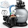 tillvex Pompa Filtro Piscina Portata 10m³/h + 800g Filtro Balls | 7 funzioni | Filtro Piscina con indicatore Pressione | Impianto filtrazione Sabbia per Piscine e vasche (Grigio con Timer)