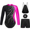 Yhong Completino Pattinaggio Artistico Bambina Leotardo Lunghe Maniche con Leggings Elastici Corti E Borsa Costume Gare E Recitazioni Rosa 5-6 Anni