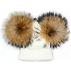 Brillabenny Cappello Cuffia PON PON Doppio Bianco con Vera Pelliccia Beige Naturale per Donna Luxury Misto Lana