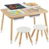 COSTWAY Set Tavolo con 2 Sedie per Bambini 3+ Anni, Tavolo e Sedie con Piano Doppio Lato Rimuovibile e 2 Contenitori, Gambe Robuste in Legno, Tavolo Attività per Gioco e Disegno (con Sedie Rotonde)