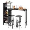 COSTWAY Set 3 Pezzi Tavolo e Sedie da Bar, Tavolo e Sgabelli da Pub Industriale con Porta Calici e 6 Portabottiglie da Vino, Set di Tavolo per Sala da Pranzo, Ristorante e Bar (Nero)