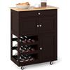 COSTWAY Carrello da Cucina, con Portabottiglie Tre Ante e Ruote, Credenza Cucina in Legno di Pino e MDF, Ideale per Soggiorno e Cucina, 67 x 37 x 86 cm (Marrone)