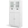COSTWAY Armadio da Terra con 4 Ante, Mobile da Bagno con 2 Ante in Vetro 2 Cassetti e Ripiani Regolabili, Armadio Multifunzionale per Bagno e Soggiorno (Bianco, 60x30x128cm)