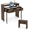 GIANTEX Scrivania per computer con piano estensibile, 100 x 63 x 88 cm, 2 cassetti e ripiano aperto, design compatto con ruote, tavolo da lavoro per camera da letto, ufficio (marrone)