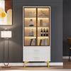 Bladez Elegante armadietto in vetro bianco con ante in vetro color tè, 70 x 35 x 150 cm, truciolato con gambe dorate, illuminazione a LED, 3 ripiani, 2 cassetti (bianco)