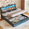 AOGLLATI AGOLLATI Letto Contenitore Matrimoniale, Letto 140x190 cm con Illuminazione LED e Stazione di Ricarica, Letto Matrimoniale con Sollevamento Idraulico, Testiera Imbottita con Contenitore, Grigio Scuro
