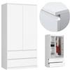 BDW armadio 2 ante, 4 ripiani, appendiabiti, 2 cassetti, appendiabiti, armadio a cassetti, armadio per camere da letto, soggiorni, 180x90x51cm, (Bianco)