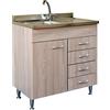 Yellowshop | Mobile sottolavello cm 80 con cassettiera colore Olmo completo di lavello inox serie Basic (Versione Dx)