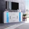 Azkoeesy Credenza Moderna Soggiorno 140 Cm Bianca con Luci Led e Controllo App, 3 Cassetti, 2 Ante in Acrilico, Maniglie Argento, Mobile Multifunzione Utilizzabile come Mobile TV e Madia