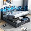 JiaOyu Letto imbottito 160 x 200 cm con spazio e rete a doghe, letto matrimoniale idraulico con funzione di ricarica USB e testiera LED, letto per ragazzi e adulti, nero (160 x 200 cm + lino)