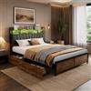 OLIVIBED Letto Matrimoniale 180 x 200 cm con USB, Struttura letto in metallo con rete a doghe e testiera, letto per camera da letto, letto vintage marrone e nero, PU, senza materasso (Vintage marrone e nero