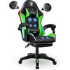 IBK Sedia da Gaming professionale, similpelle, massaggiante, supporto lombare, Led RGB, casse bluetooth, regolabile in altezza, schienale reclinabile, pistone a gas classe 3, Ufficio PC (Verde)