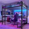 Wyibwy Letto a soppalco 140x200 cm per bambini,con striscia LED e presa USB+Type-C,metallo letto a castello matrimoniale con scrivania e diversi ripiani,pannello forato,con scale e ringhiera,nero