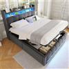 Rtopsu Letto Matrimoniale Imbottito 140x200 cm con USB-C e Luce LED, Letto una Piazza e Mezza con Contenitore Idraulico e Testiera, Letti con Rete a Doghe, Lino, Grigio, Senza Materasso