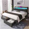 Rtopsu Letto Imbottito Letto Matrimoniale 140x200 cm con Illuminazione a LED e USB Type C, Letti con Contenitore Testata e Cassetti, Struttura Letti con Doghe in Metallo, Lino, Grigio, Senza Materasso