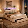 LIVLUX Letto baule 160 x 200 cm, letto matrimoniale imbottito con illuminazione a LED e ricarica USB, testiera a scomparsa, telaio del letto con cassetti e spazio di archiviazione, per adulti e
