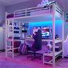 NovaFurnish Letto a soppalco, 90 x 200 cm, struttura in ferro, scrivania, ringhiera, scala, vari ripiani, con presa USB+Type-c, con barra LED, con tavola forata, senza materasso, colore bianco