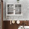 HaoChrymec Mobile Pensile a Doppia Anta con Vetro e Legno Massello+MDF, Armadietto da Parete con Tre Ripiani e Porta Asciugamani, Credenza Vintage con Ante in Vetro, Bianco Decapato, 63 x 18 x 60 cm