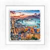 Lupia - Quadro Moderno con paesaggi e localismi Italiani, Ceramica e Stampa Rilievo, Cornice Legno Shabby Modern Bianca, Decorazione Parete, Quadretti Soggiorno, 29x29 cm, Napoli GOLFO di Sera