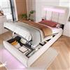 Wyibwy Letto imbottito 90 x 200 cm,Letto contenitore idraulico Con luci LED e presa USB,Telecomando APP,tessuto in Lino,per adulti e Bambini,Senza materasso,Beige