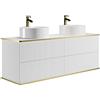 Vente-unique-Mobile bagno sospeso scanalature profilo dorato doppio lavabo da appoggio tondo 150 cm Bianco - KELIZA