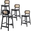 chairus Set di 4 Sgabelli da Cucina in Legno Sgabelli da Bar in Ecopelle Sedie Alte con Schienale in Rattan Sgabelli Imbottiti per Bar/Sala da Pranzo/Banco, Nero