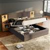 Wyibwy Letto imbottito 180 x 200 cm con illuminazione e porta USB, letto idraulico largo con due comodini con spazio contenitore,Letto matrimoniale con rete a doghe in legno,velluto,grigio+ naturale