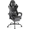 Kidsgigglz Sedia da gaming con cuscino lombare, Sedia gamer ergonomica pelle PU, sedia da ufficio, schienale regolabile, robusta poltrona da gioco, poggiapiedi allungabile, Nero-grigio