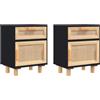 vidaXL Comodini 2 pz Neri in Legno Massello di Pino e Rattan Naturale