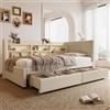 Kebnor Letto da giorno, 90 x 200 cm (180 x 200 cm), divano letto, design multifunzionale, USB + tipo, più ripiani, letto con rete a doghe (senza materasso), lino (beige con 2 cassetti)