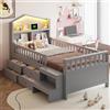 Trdlpyn Letto per Bambini 90 x 200cm con Gradini e Quattro Cassetti, Testiera contenitore con LED e Porte di ricarica USB e Type-C, Letto in legno con Rete a doghe, Grigio, Senza materasso