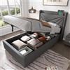 BNUZ Letto imbottito singolo, contenitore per letto con funzione di ricarica USB di tipo C, testiera, in materiale di lino, 90 x 200 cm, con griglia (senza materasso) (grigio, 90 x 200 cm)