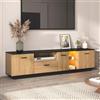 TIZZ Mobile TV con un cassetto, tre porte, due scomparti aperti con mobili in vetro, TV Board TV, struttura fine TV, colore nero e naturale, 15 luci LED variabili.