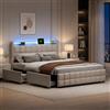 BLSYHDH Letto baule 160 x 200 con LED, letto imbottito con 4 cassetti Letto, doppia porta di ricarica USB da comodino, letto imbottito con cassettone, letto matrimoniale (beige+lino, 160 x 200)