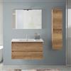 Inbagno Mobile Bagno Sospeso 90 cm Rovere Naturale - Composizione Con Lavabo In Ceramica, 2 Cassettoni Soft-Close E Pensile Colonna 125 cm - Linea Nadia