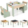 RELAX4LIFE 3 in 1 Tavolino Bambini, Set Tavolo per Bambini e 2 Sedie in Legno, Tavolino Legno con Piano a Doppia Faccia (Lavagna Bianco/Nero) per Giocare, Disegnare e Conservare, per Cameretta (Verde)