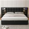 boorbin 180 x 200 cm, letto idraulico, con porta USB e ricarica wireless e lampada illuminata, con spazio di archiviazione, supporto per doghe in legno, Linen (nero)